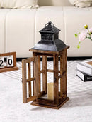 Large Farmhouse Decorative Wooden Lanterns Set of 2, Rustic Burnt Wood Floor Lanterns, Indoor/Outdoor Hurricane Lanterns for Home Decor (No Glass) by CozyNest Decor
