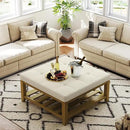 Large Square Ottoman Coffee Table, Linen Solid Upholstered Footrest Ottoman with Solid Wood Shelf Storage Tufted Coffee Table for Bedroom Living Room, Ivory by CozyNest Decor