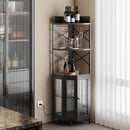 Corner Bar Cabinet with Power Outlet, 5-Tier Corner Wine Cabinet with Led Strip and Glass Holder, Industrial Tall Liquor Cabinet Bar Wine Rack for Home，Black by CozyNest Decor