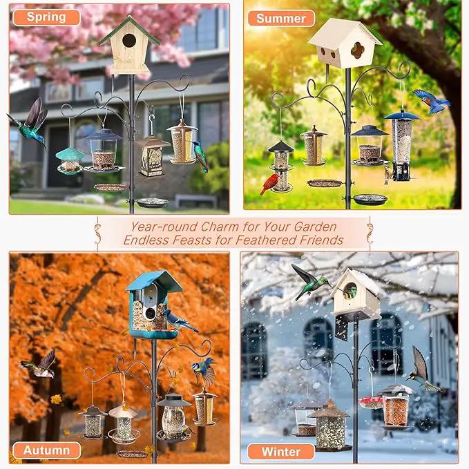 eWonLife 92 Inch Bird Feeder Pole with Squirrel Baffle & Upgraded 9-Prong Base, Adjustable Bird House Pole for Outdoors Heavy Duty, Bird Feeder Stand Post Station with 4 Shepherd Hooks, Birdbath, Tray, photo 7 of 7