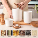 White Ceramic Canister Set with Bamboo Lids, 3-Piece Airtight Food Storage Jars for Kitchen - Flour, Sugar, Coffee, Tea, Spice - Small, Medium, Large Sizes by CozyNest Decor