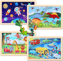 Wooden Educational Jigsaw Puzzles for Preschool Kids Ages 3-5, 4-Pack with 20 Pieces Dinosaur, Space, Transportation Wood Puzzles Set, Toddler Brain Teaser Toys, Gifts for Boys Girls Ages 3 4 5 6 by TinyTreasures Baby Boutique