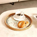 Round Rattan Tray with Mother of Pearl Inlay & Wooden Base - Decorative Wicker Serving Tray for Coffee/Bread/Fruits, Food Storage & Display - Multipurpose Home Decor (M,Fish Scales) by CozyNest Decor