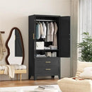 71'' Farmhouse Metal Wardrobe Cabinet with Hanging Rod, 2 Barn Door Wardrobe Closet with Adjustable Shelves,2 Drawer,for Dining Room,Bedroom,Living Room, Cloak Room,Office (Black) by CozyNest Decor