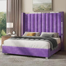 Jocisland Queen Bed Frame with 58" Tall Headboard, Velvet Upholstered Platform Bed with Channel Tufted Wingback Headboard and Plating Trim, No Box Spring Needed, Purple by CozyNest Decor
