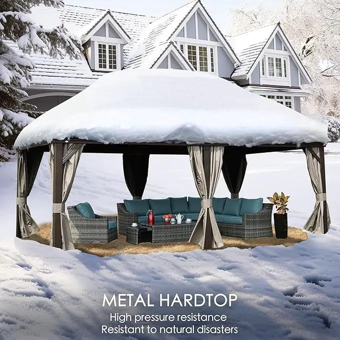 Kozyard Alexander 12' X 20' Permanent Aluminum Hardtop Gazebo with Galvanized Steel Double Roof Canopy, Curtain and Netting or Patio, Backyard, Deck, Lawn (Brown), photo 7 of 8