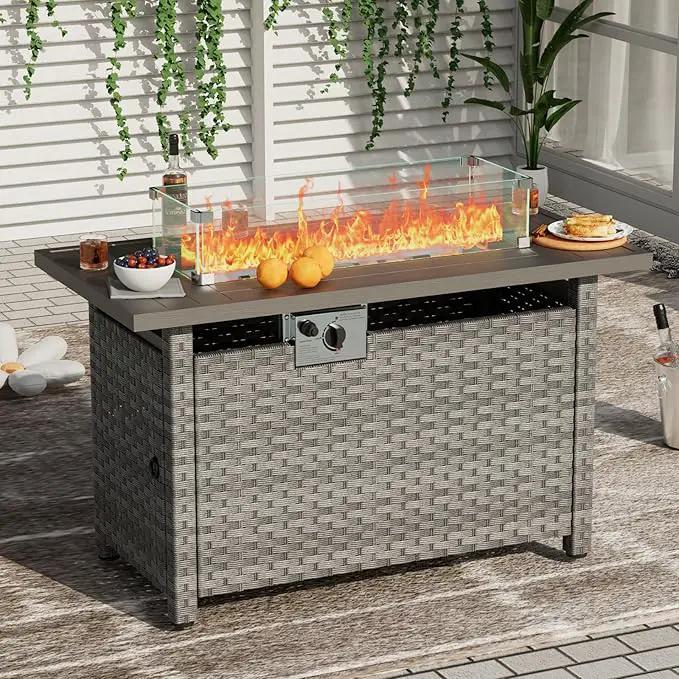 Propane Fire Pit Table Outdoor, 44" 60000BTU Auto-Ignition Fire Pits Table with Wind Guard Square Large Wicker Propane Firepits for Porch Garden(Grey,CSA Certified)