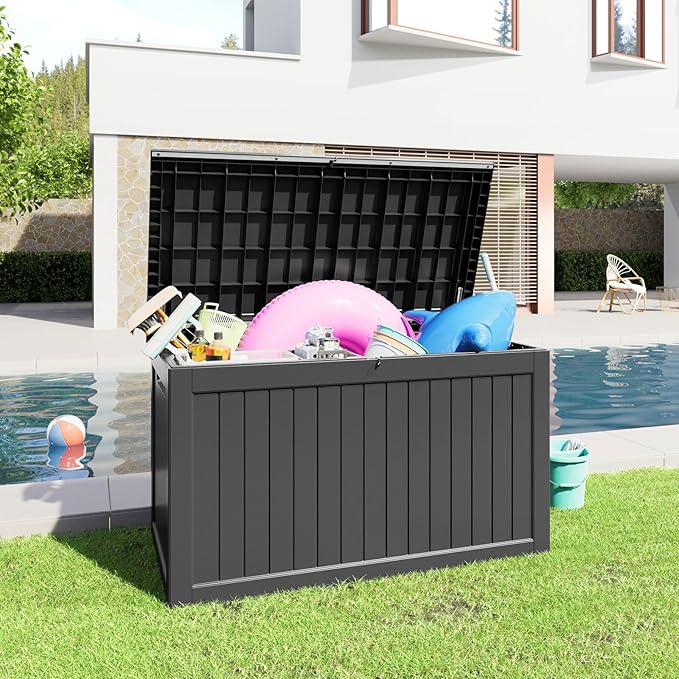 XXL 230 Gallon Large Resin Deck Box, Outdoor Lockable Storage Box for Patio Cushions Storage Furniture, Pool Supplies, Garden Tools, Weatherproof and UV Resistant- Black (230 Gallon), photo 7 of 8