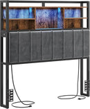 Headboard with 3-Tier Storage Shelves, Velvet Upholstered Head Board with 2 Outlets, USB Ports & LED Light, Soft Backrest for Full Size Bed, Rustic Brown and Black BH13801B by CozyNest Decor