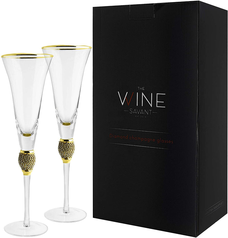 The Wine Savant Diamond Champagne Flutes Set of 2 Glasses, Dimond Rhinestone Studded Long Stem, 7oz, Premium Designed Champagne Glasses for Spirits and Wine, Gift Boxed