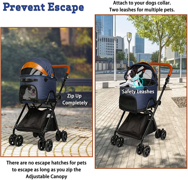 Luxury Folding Pet Stroller with Detachable Carrier for Medium Dogs Cats, Dark Blue