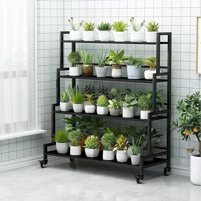 YIZAJIA Plant Stand Indoor 4 Tier Metal Outdoor Tiered Stands Shelf With wheel for Multiple Plants Potted Ladder Plant Holder Table Plant Pot Stand for Window Garden Balcony Living Room (4 Tier-Black), photo 2 of 6