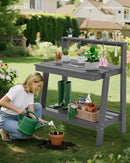SERWALL Potting Bench Outdoor with Storage, 3-Tier HDPE Gardening Table with Angled Legs & Tool Hooks, All-Weather Heavy Duty Potting Table for Patio, Backyard, Garden, Gray by GreenHaven Gardens