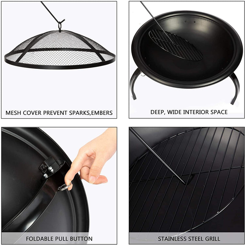 21" Outdoor Portable Fire Pit Bowl Stove Bonfire Wood Burning BBQ Grill with Mesh Spark Screen Cover Fire Poker