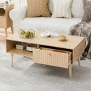 Coffee Table with Storage, Boho Dining Table with Fluted Drawer and Solid Wood Legs, Small Coffee Tables for Living Room, Oak by CozyNest Decor