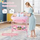 HONEY JOY Baby Changing Table with Bathtub, Foldable Infant Diaper Changing Station with Wheels, Storage Tray, Waterproof Pad, Portable Newborn Nursery Organizer Bath Stand for Boys Girls (Pink) by TinyTreasures Baby Boutique