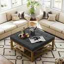 Large Square Ottoman Coffee Table, Linen Solid Upholstered Footrest Ottoman with Solid Wood Shelf Storage Tufted Coffee Table for Bedroom Living Room, Dark Gray by CozyNest Decor