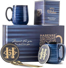 Hasense Coffee Mugs Set of 2, 12oz Ceramic Glazed Mugs with Handles, Blue Reactive Glazes Tea Cups Gift Set for Men and Women, Includes Gold Spoon & Coaster by CozyNest Decor