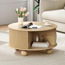 Round Coffee Table with Storage,Fluted Lift Up Coffee Table with Sliding Door,31.5" Drum Center Table with Bun Feet for Living Room,Home Small Space,Oak by CozyNest Decor