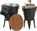Rustic Storage Farmhouse Accent Side Table, Antique Galvanized Metal End Coffee Cocktail Table Box Bin with Round Wooden Lid Set of 2 (Black) by CozyNest Decor