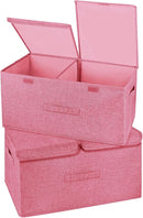 2 Pack Storage Boxes with Lids and Handles, Collapsible Linen Storage Bins Organizer Containers Baskets Cube with Removable Divider for Home Bedroom Closet Office (Pink, Large) by TinyTreasures Baby Boutique