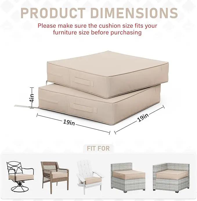 Patio Chair Cushions 19 X 19 X 4 Inch Waterproof Outdoor Seat Cushions for Patio Furniture, Outdoor Sofa Couch Pads with Ties & Handle, Set of 2, Sand, photo 2 of 7