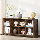8 Cube Book Shelf, Farmhouse Wood Long Storage Organizer Bookcase, 62" Horizontal Brown Walnut Console Closet Bookshelf, Hallway TV Stand for Entryway, Display Cabinet Book Case for Office by CozyNest Decor