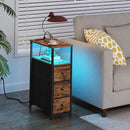 TUTOTAK Narrow LED Night Stand with Charging Station, Slim End Table with Plugins, Tall Side Table with 3 Fabric Drawer, Small Bedside Table with Storage, Set of 2, for Living Room, Brown TB01BB073L by CozyNest Decor