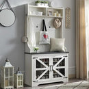 JXQTLINGMU 42" Farmhouse Hall Tree with Shoe Storage, Entryway Bench with 12 Cubbies, 7 Hooks & Barn Doors, Mudroom Coat Rack Cabinet, Off White by CozyNest Decor