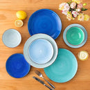 vancasso Bonita Dinnerware Set Blue Stoneware 18 Pieces Service for 4, Handpainted Spirals Pattern Stoneware Plates and Bowls Set by CozyNest Decor
