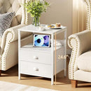 Furologee Night Stand with Charging Station, Bedside Table with Fabric Drawers, End Table with USB Ports & Outlets, White Nightstand with Storage Shelf & Hooks, for Living Room/Bedroom, White by CozyNest Decor