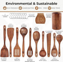 Wooden Spoons for Cooking – Wooden Cooking Utensils Set with Holder, Spoon Rest & Hooks, Teak Wood Nonstick Kitchen Cookware – Durable Set of 12pcs by Woodenhouse by CozyNest Decor