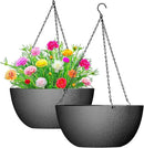 WOUSIWER 13 inch 2Pack Large Hanging Planters for Outdoor Indoor Plants with Drainage Holes and Chain, Round Hanging Flower Pots for Garden Home Porch Decor, Black by CozyNest Decor