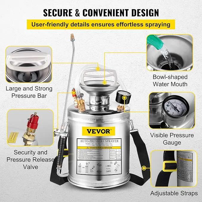 Happybuy 1 Gallon Stainless Steel Pump Sprayer, 12" Wand & 3FT Reinforced Hose, Pressure Gauge, Safety Valve & Adjustable Nozzle, Garden Weed Sprayer for Lawn, Gardening, Sanitizing, photo 5 of 9