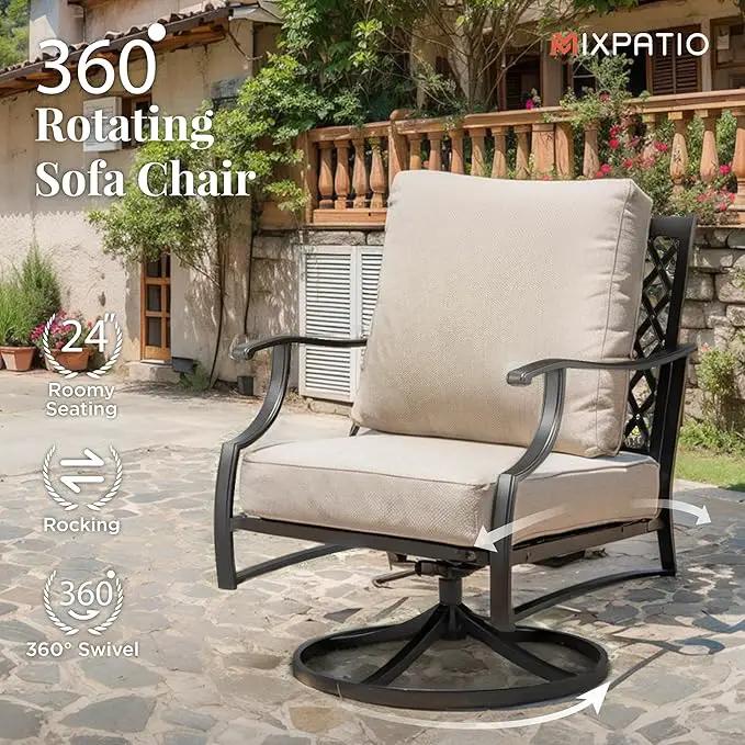 Patio Furniture Set with Fire Pit Table, 5 Pcs Metal Outdoor Conversation Set, 4 Swivel Chairs with 5.75" Extra Thick Cushion and 28" Fire Pit Table for Backyard Deck, Beige, photo 7 of 8