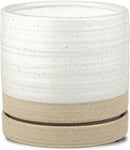 6 Inch Plant Pots, Ceramic Planter Pot with Drainage Hole & Saucer, Indoor/Outdoor Cylinder Round Planter Pot, White & Beige Glaze by GreenHaven Gardens