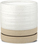6 Inch Plant Pots, Ceramic Planter Pot with Drainage Hole & Saucer, Indoor/Outdoor Cylinder Round Planter Pot, White & Beige Glaze by CozyNest Decor