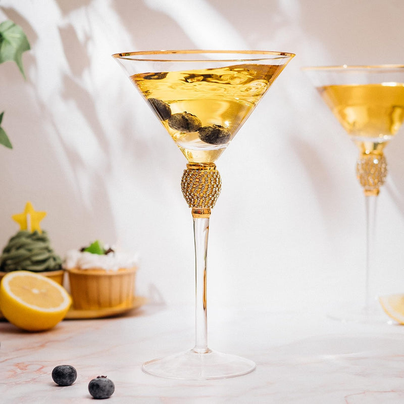 Diamond Collection 2 Piece Stemmed Martini Set - Rhinestone For Drinking Martinis, Manhattans, Vodka, Gin, Cocktails Gold Accent Cocktail Glasses, Perfect For Any Bar or Party 10oz - Swarovski Style