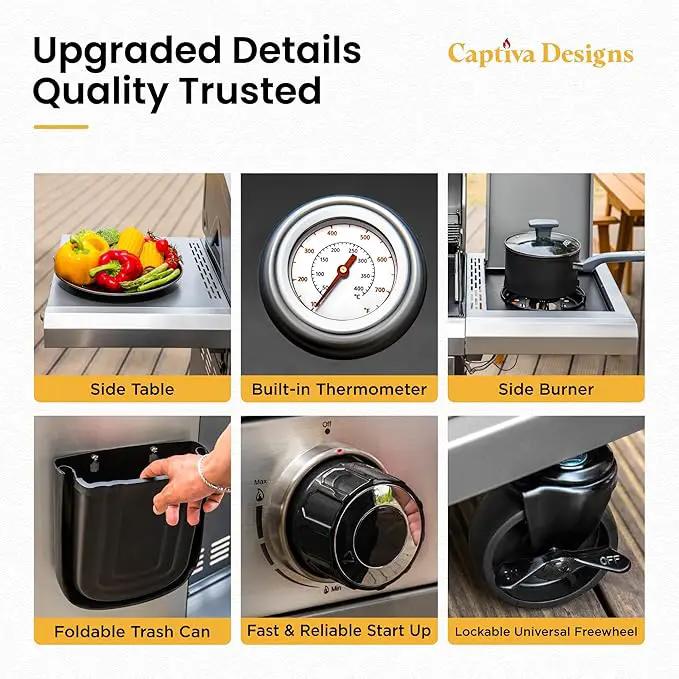 Captiva Designs 6-Burner Propane Gas BBQ Grill with Side Burner & Porcelain-Enameled Cast Iron Grate and Plate for Outdoor Barbucue Events, 52,000 BTU Output,740 SQ.IN. Cooking Area，Heavy Duty, photo 9 of 9