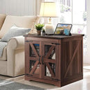 Farmhouse End Table, 24" Large Sofa Side Table with Charging Station, Mesh Barn Door, Rustic Wood Nightstand with Adjustable Storage Shelf, Square Nightstand for Living Room by CozyNest Decor