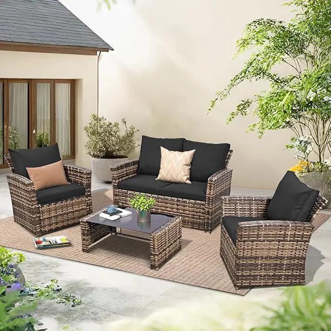 4 Piece Outdoor Patio Furniture Set,Wicker Conversation Sets Outdoor Sectional Patio Sofa Couch with Cushions & Coffee Table for Outside, Garden, Balcony, Porch,Yellow/Black, photo 8 of 8