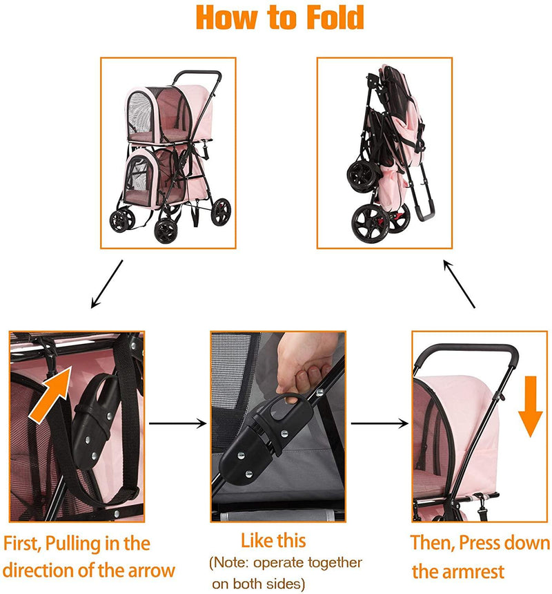 Detachable 3-in-1 Double Pet Stroller with 2 Travel Carriage Bags, Pink