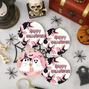 Coaster for Drinks Set of 6, Happy Halloween Cute Ghost Groovy Pink Absorbent Round Ceramic Stone Mat, with Cork Base and Metal Holder, Gift for Housewarming Room Bar Decor by CozyNest Decor