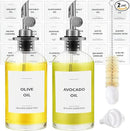 Olive Oil Dispenser Bottle - Includes 55 Kitchen Essential Labels - Cooking Oil Bottles for Kitchen, Coffee Syrup Dispenser - Pourer Spout with 11.8 fl oz Glass Container Cruet - 2pcs Silver