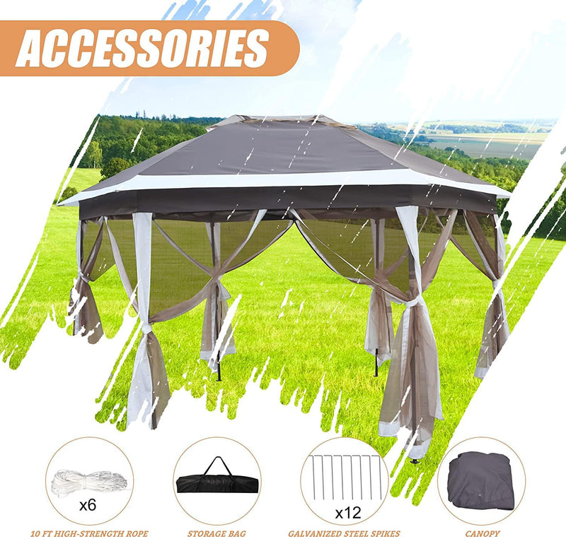 12Ft Outdoor Metal Patio Pop-Up Gazebo with Mesh Nettings for Parties and Outdoor Activities