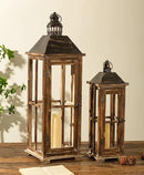 Large Farmhouse Wooden Decorative Lantern Set of 2, Rustic Distressed Brown Burnt Wood Floor Candle Lanterns, Indoor/Outdoor Hanging Lanterns for Home Decor (No Glass) by CozyNest Decor