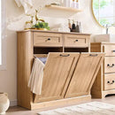 Double Tilt Out Laundry Hamper Cabinet, 20 Gallon Farmhouse Trash Can Cabinet with Drawer, Hidden Wood Garbage Can Bin Cabinets with Laundry Storage Basket for Bathroom, Kitchen (Natural) by CozyNest Decor