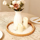 Round Rattan Tray with Mother of Pearl Inlay & Wooden Base - Decorative Wicker Serving Tray for Coffee/Bread/Fruits, Food Storage & Display - Multipurpose Home Decor (M,White Leaves) by CozyNest Decor