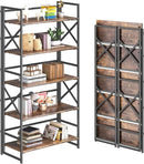 4NM 5 Tiers No Assembly Book Shelves, 51.2" H Folding Bookshelf Bookcase Open Industrial Foldable Shelves for Bedroom, Living Room, Home Office - Rustic Brown Black by CozyNest Decor