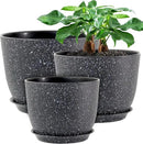 12/10/9 Large Modern Plant Pots, Plastic Planters with Drainage Holes and Saucers for Indoor Outdoor Plants Flowers, Black Speckles by GreenHaven Gardens
